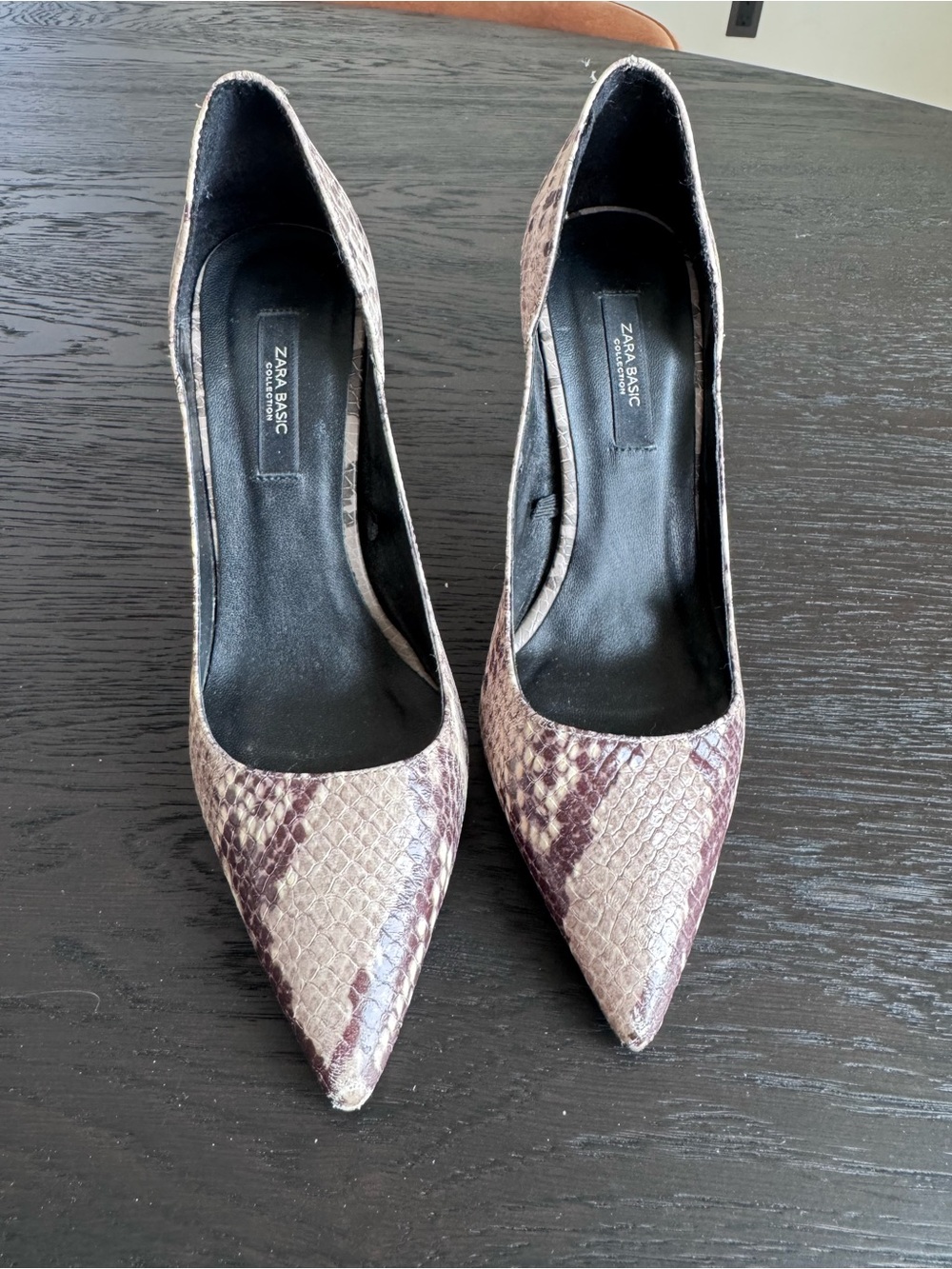 Zara Snake-Print Pointed Pumps in Brown and Cream size 6.